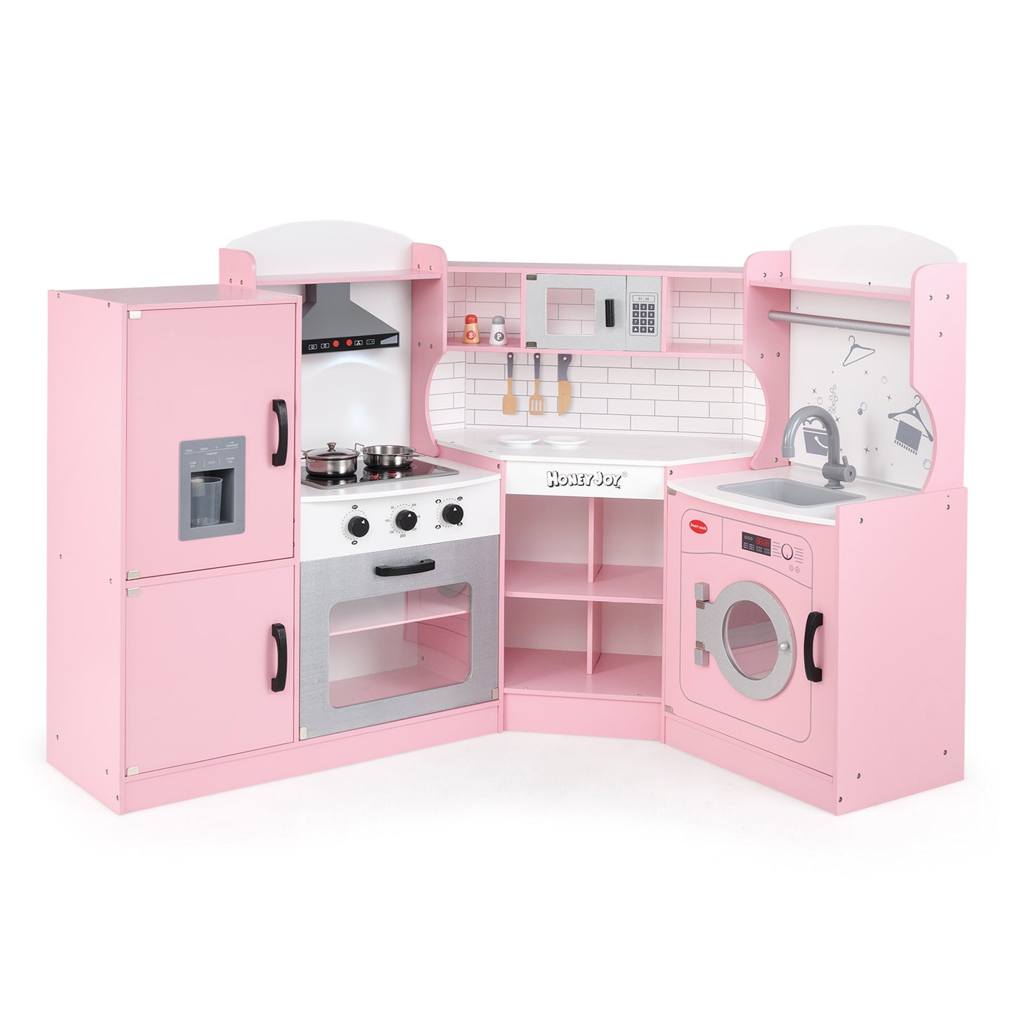 Corner Kids Play Kitchen with Washing Machine and Ice Maker Gift for Boys Girls-Pink Kids Crystal