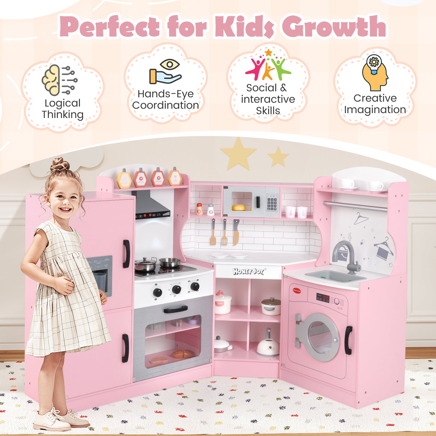 Corner Kids Play Kitchen with Washing Machine and Ice Maker Gift for Boys Girls-Pink Kids Crystal