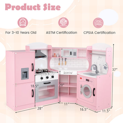 Corner Kids Play Kitchen with Washing Machine and Ice Maker Gift for Boys Girls-Pink