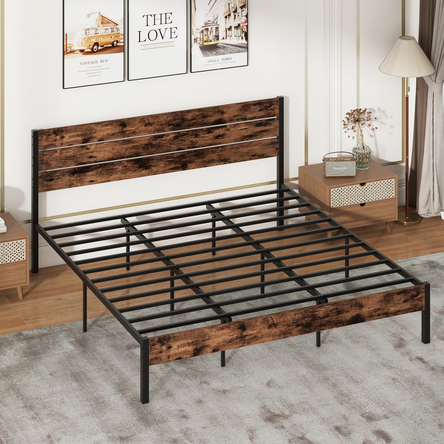 Full/King/Queen/Twin Size Bed Frame with High Headboard and Mute Bar-King Size Kids Crystal