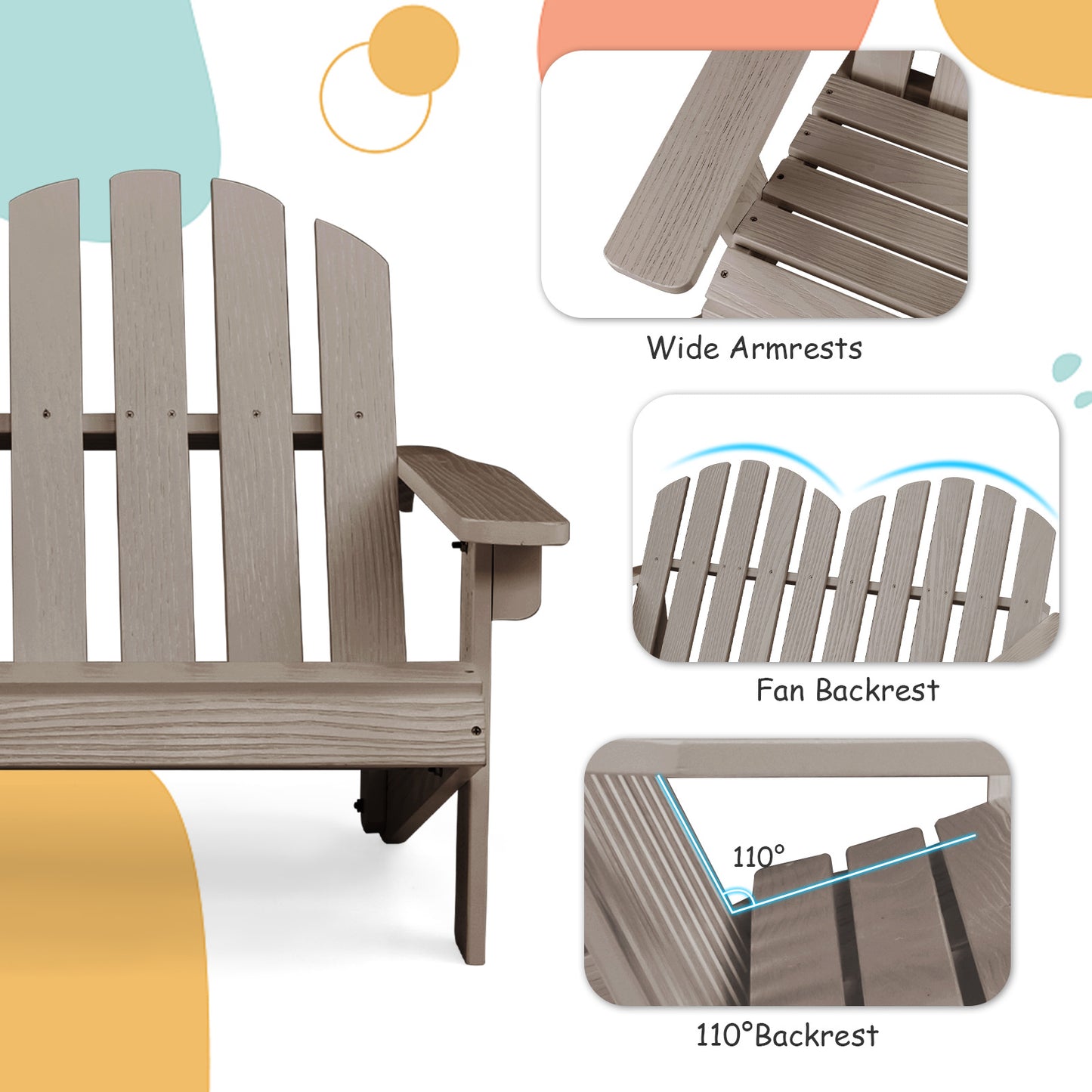 2 Person Fir Wood Adirondack Chair with High Backrest-Gray