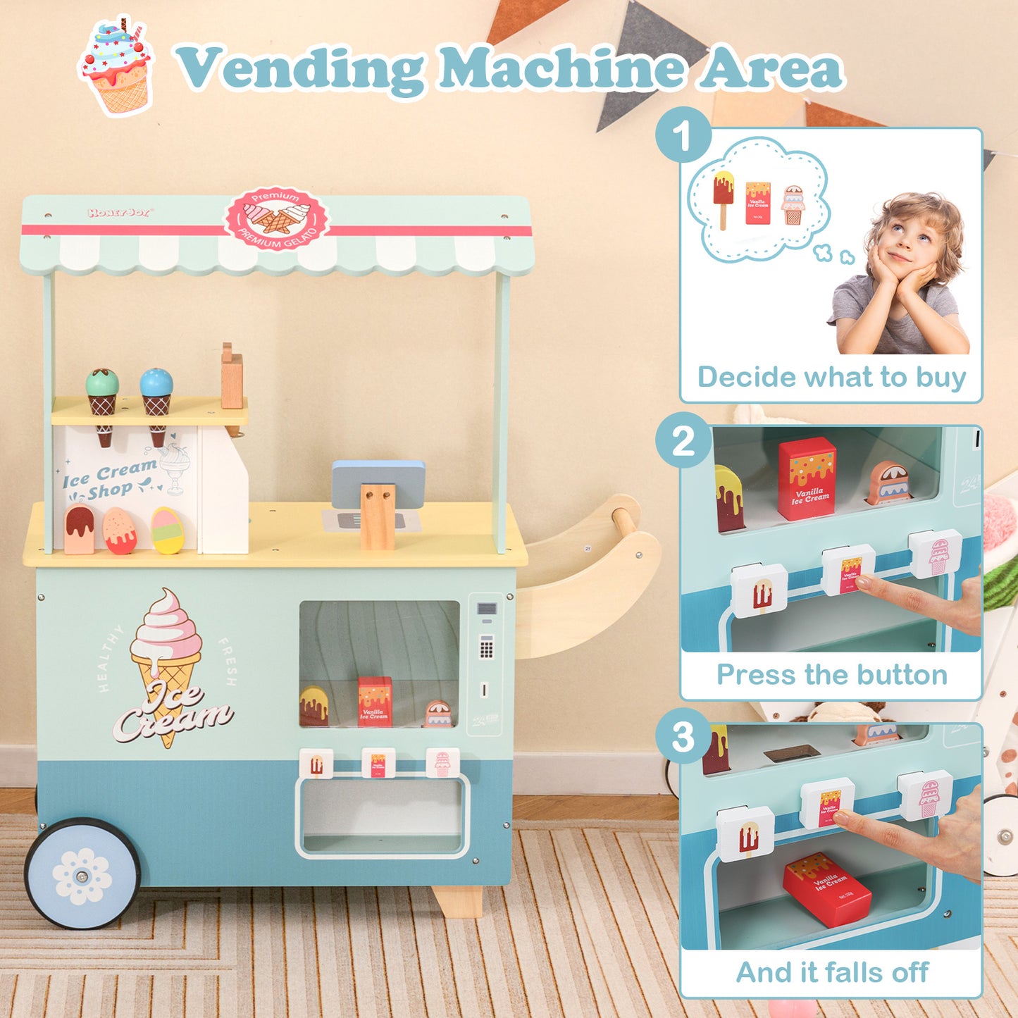 Kids Ice Cream Truck Pretend Play Set for Toddlers with Vending Machine-Green Kids Crystal