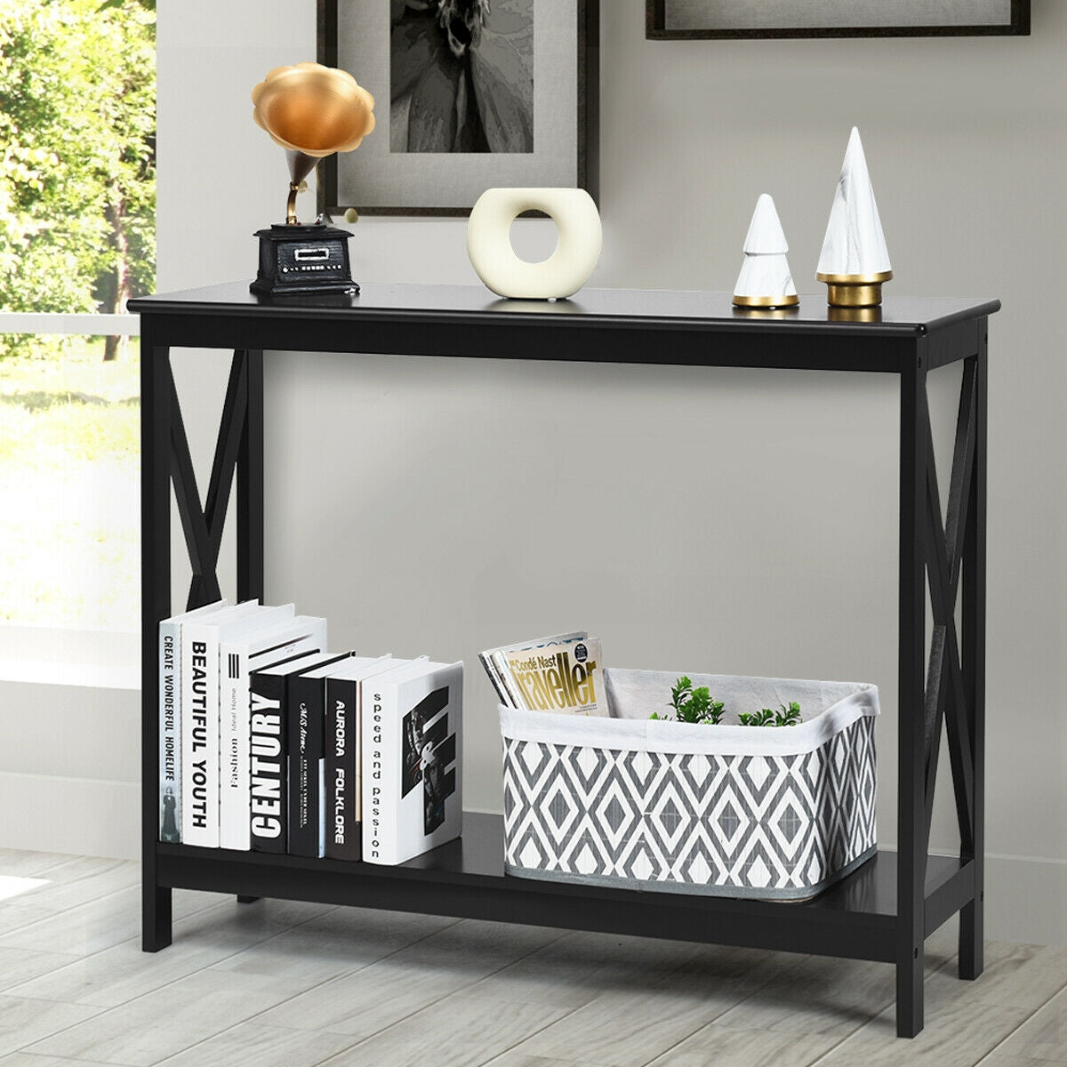 2-Tier Console X-Design Sofa Side Accent Table-Black Kids Crystal