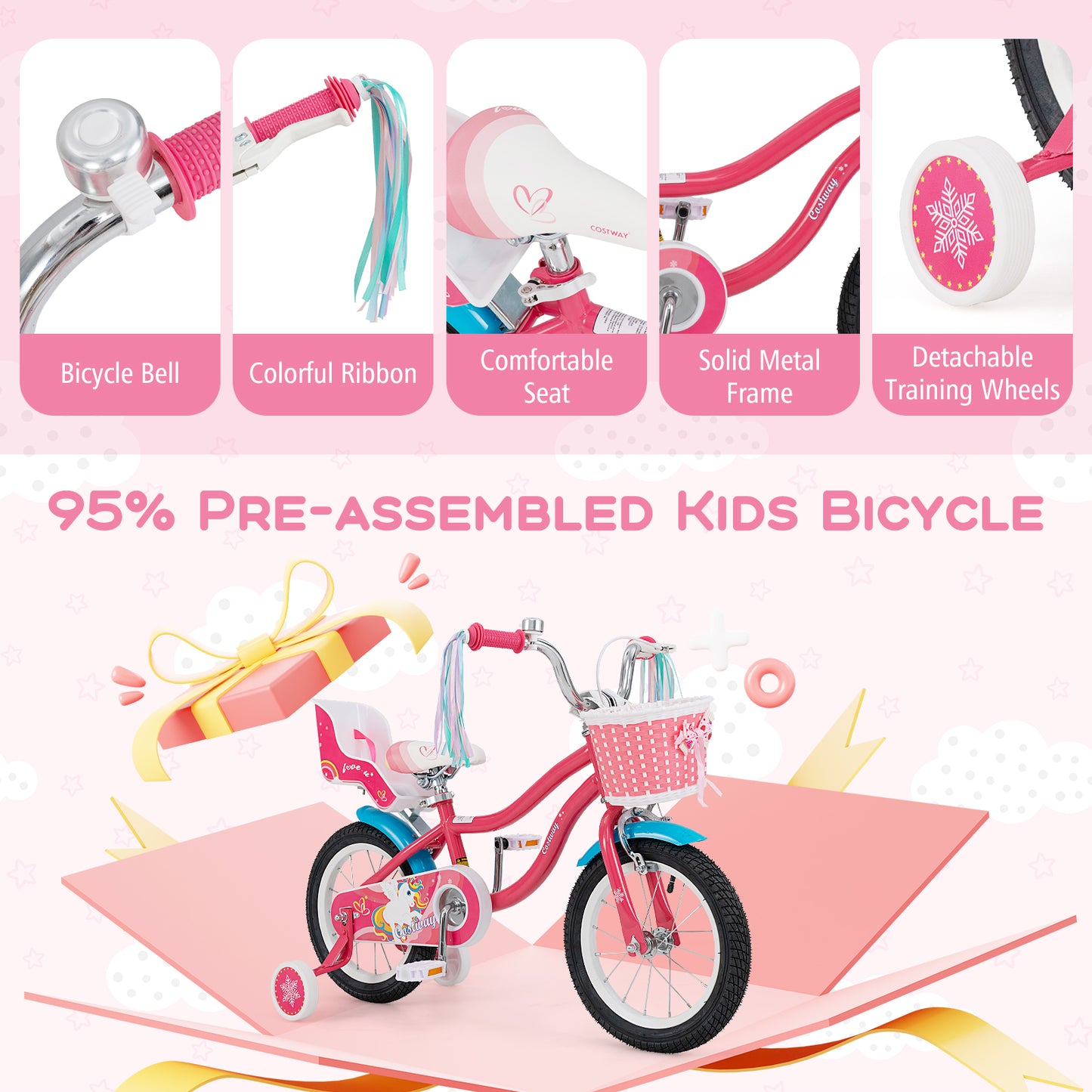 14 Inch Girls Bike for 3-5 Years Old Kids Bike with Doll Seat and Training Wheels-14 inches Kids Crystal