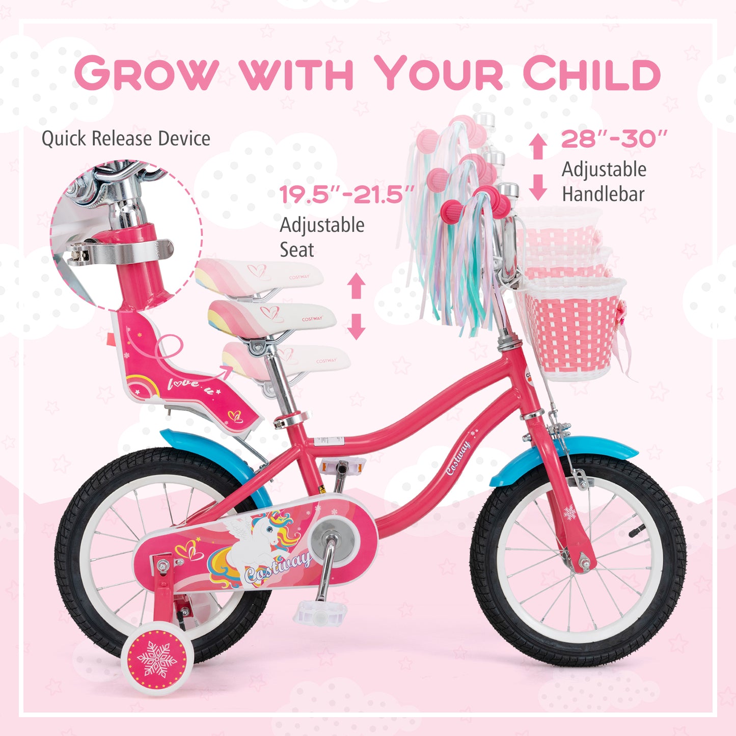 14 Inch Girls Bike for 3-5 Years Old Kids Bike with Doll Seat and Training Wheels-14 inches Kids Crystal