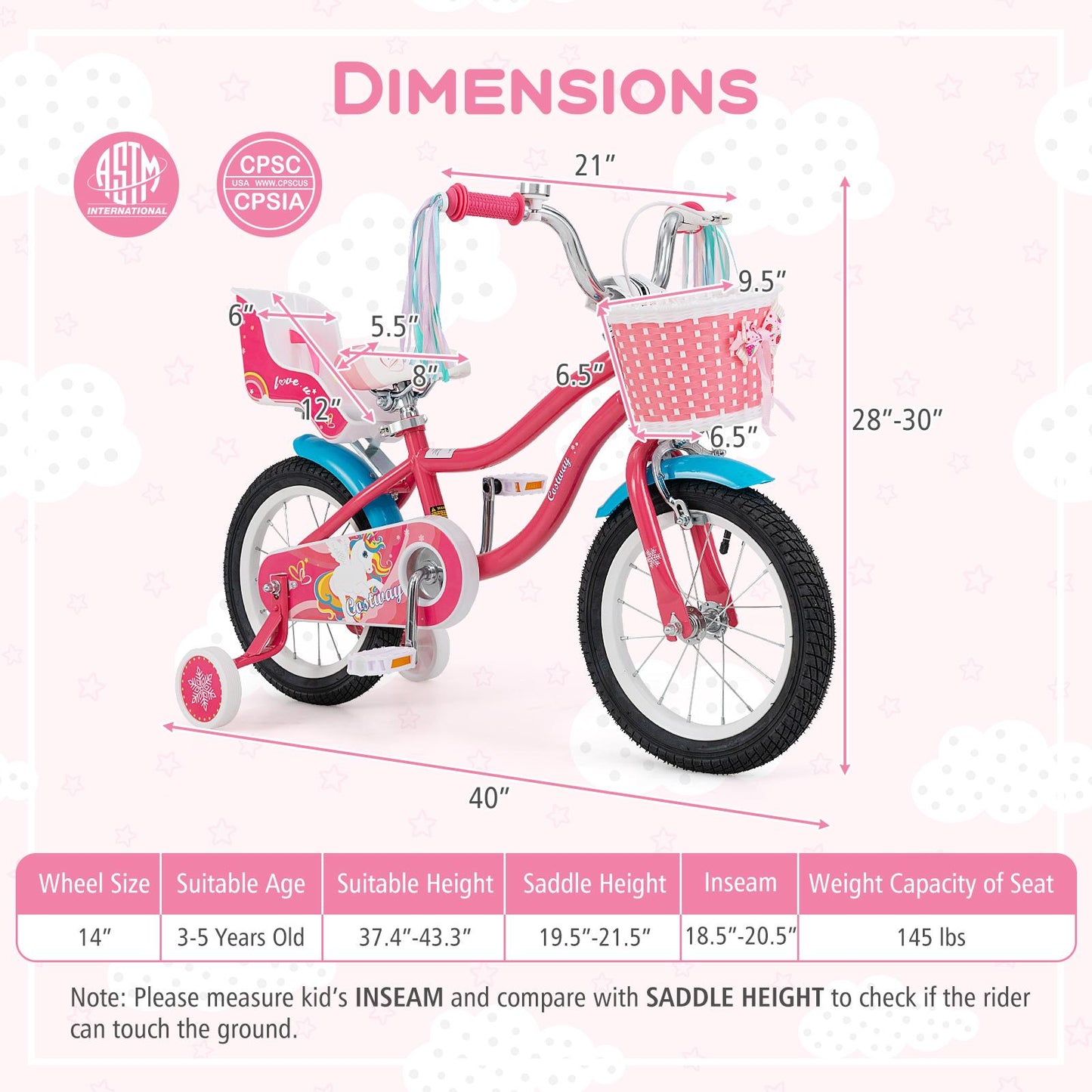 14 Inch Girls Bike for 3-5 Years Old Kids Bike with Doll Seat and Training Wheels-14 inches Kids Crystal