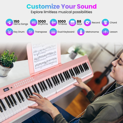 88 Key Foldable Electric Keyboard Piano with Wireless MIDI and Dual Speakers-Pink