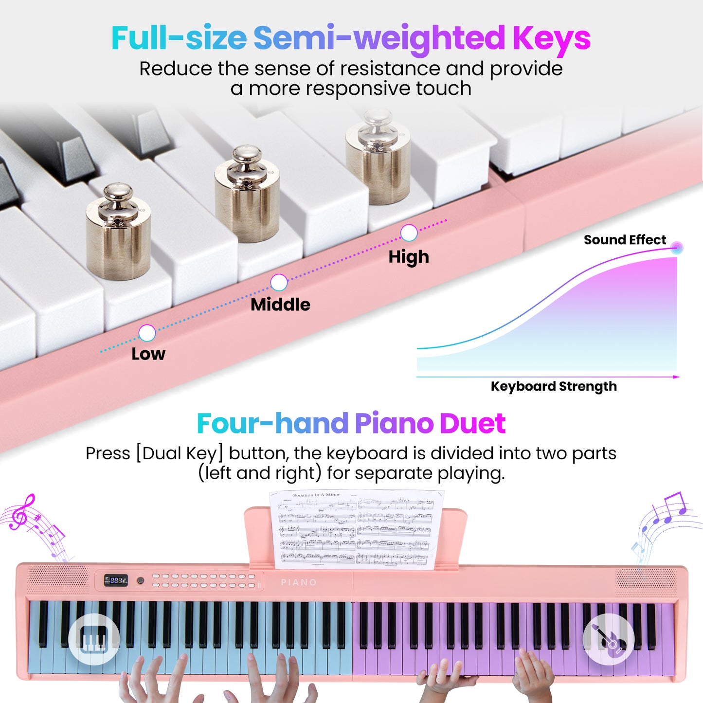 88 Key Foldable Electric Keyboard Piano with Wireless MIDI and Dual Speakers-Pink Kids Crystal