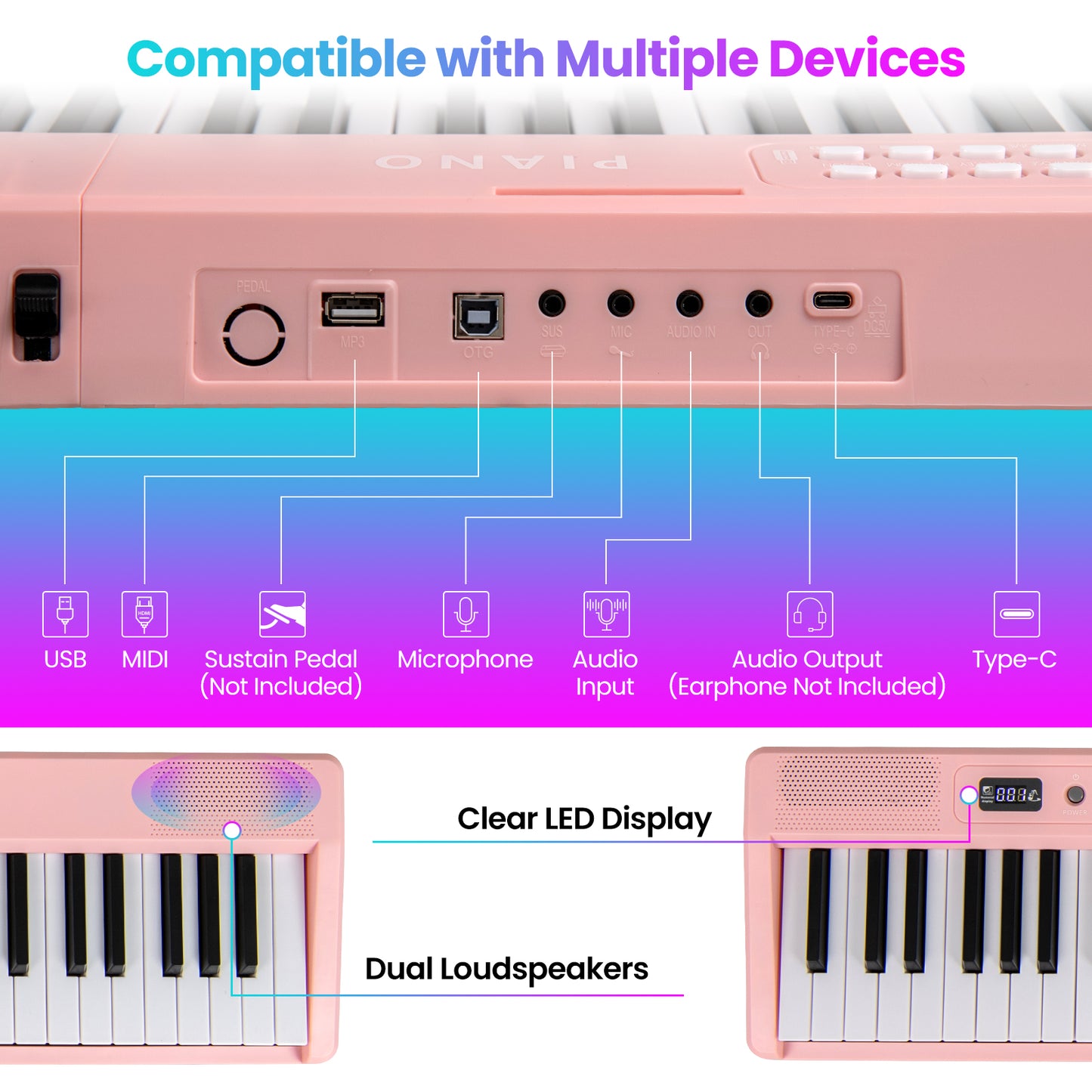 88 Key Foldable Electric Keyboard Piano with Wireless MIDI and Dual Speakers-Pink Kids Crystal