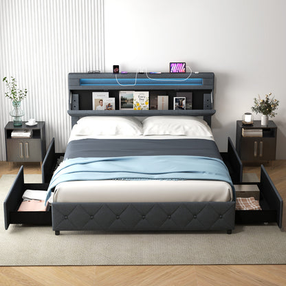 Full/Queen Size Bed Frame with Adjustable Storage Headboard and Wooden Slat Support-Queen Size