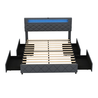 Full/Queen Size Bed Frame with Adjustable Storage Headboard and Wooden Slat Support-Queen Size