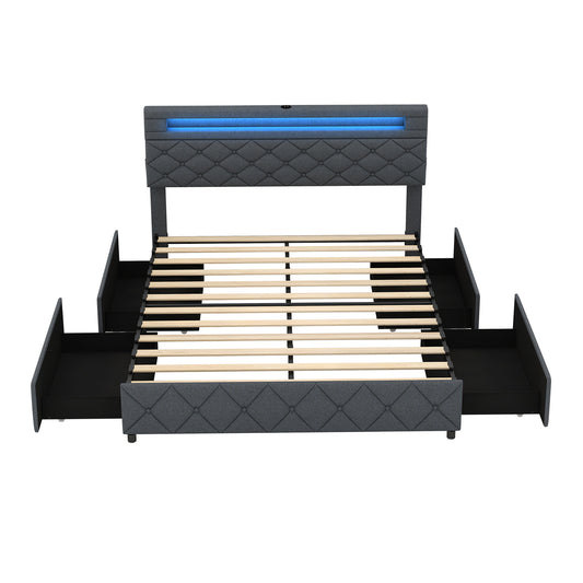 Full/Queen Size Bed Frame with Adjustable Storage Headboard and Wooden Slat Support-Queen Size Kids Crystal