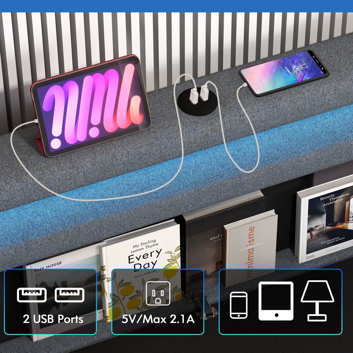 Full/Queen Size Bed Frame with Adjustable Storage Headboard and Wooden Slat Support-Queen Size Kids Crystal