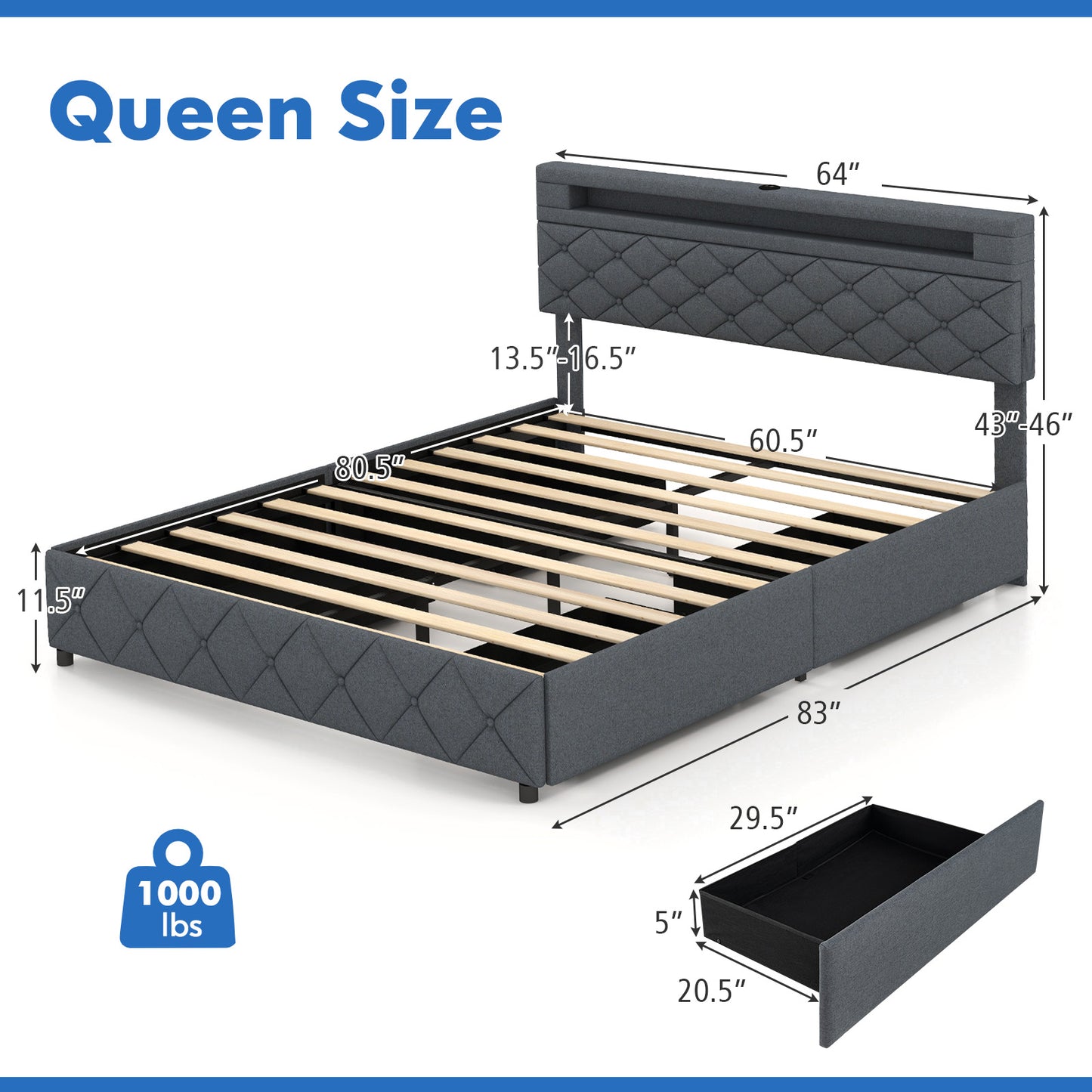 Full/Queen Size Bed Frame with Adjustable Storage Headboard and Wooden Slat Support-Queen Size Kids Crystal