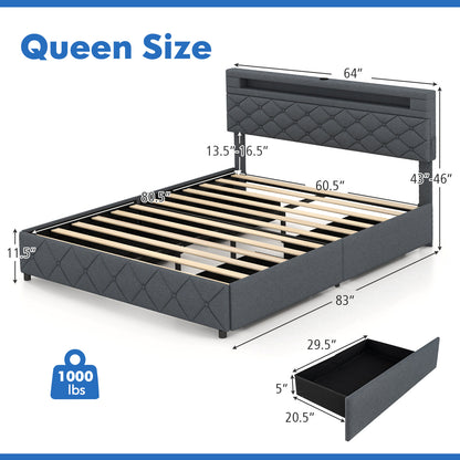 Full/Queen Size Bed Frame with Adjustable Storage Headboard and Wooden Slat Support-Queen Size