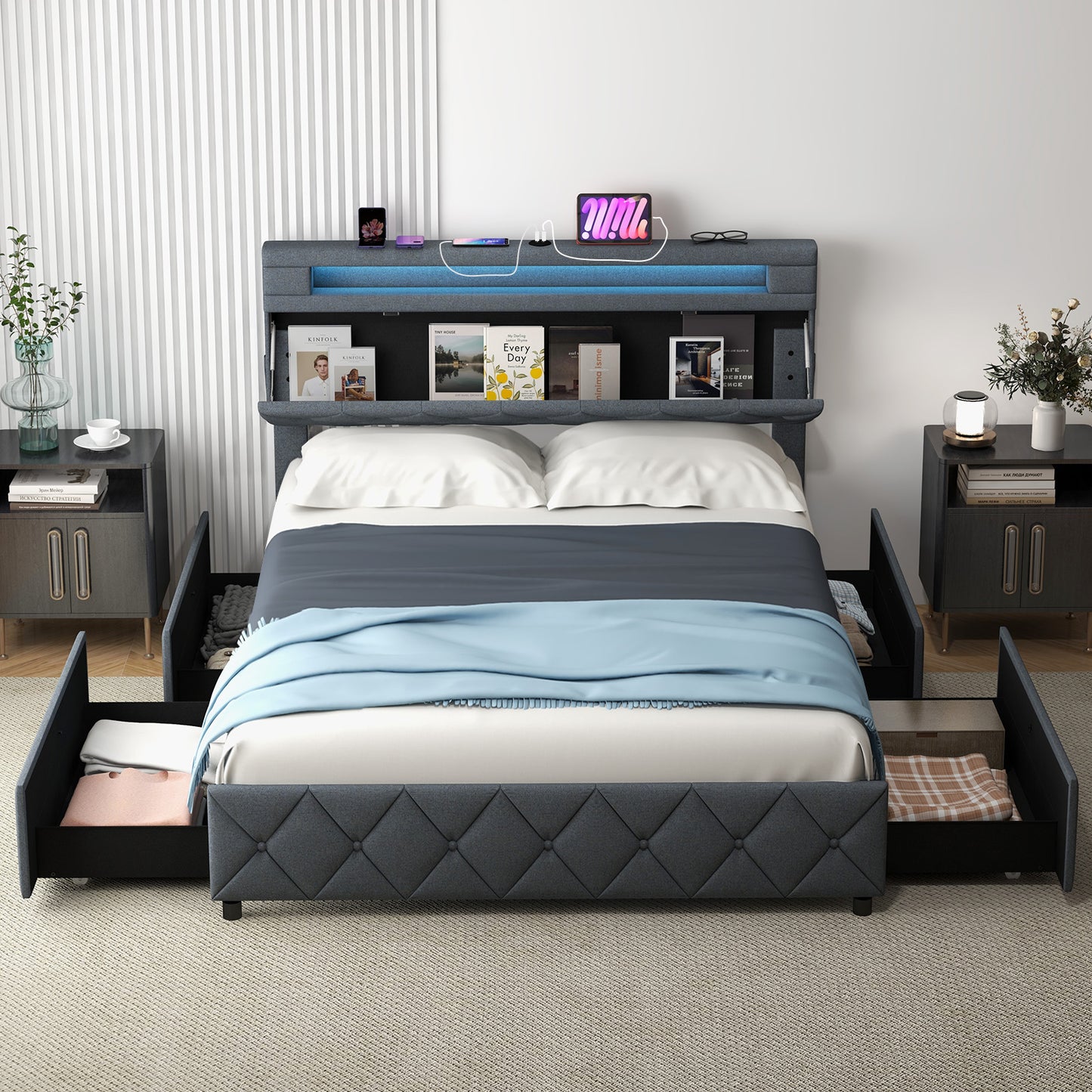 Full/Queen Size Bed Frame with Adjustable Storage Headboard and Wooden Slat Support-Full Kids Crystal