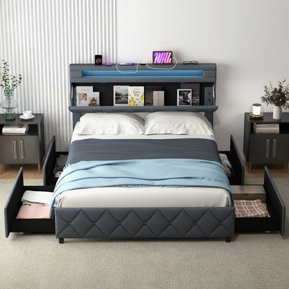 Full/Queen Size Bed Frame with Adjustable Storage Headboard and Wooden Slat Support-Full
