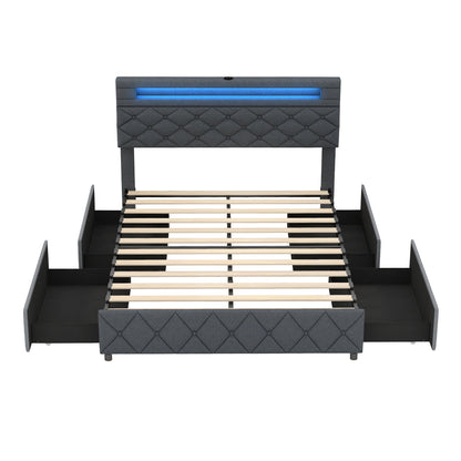 Full/Queen Size Bed Frame with Adjustable Storage Headboard and Wooden Slat Support-Full