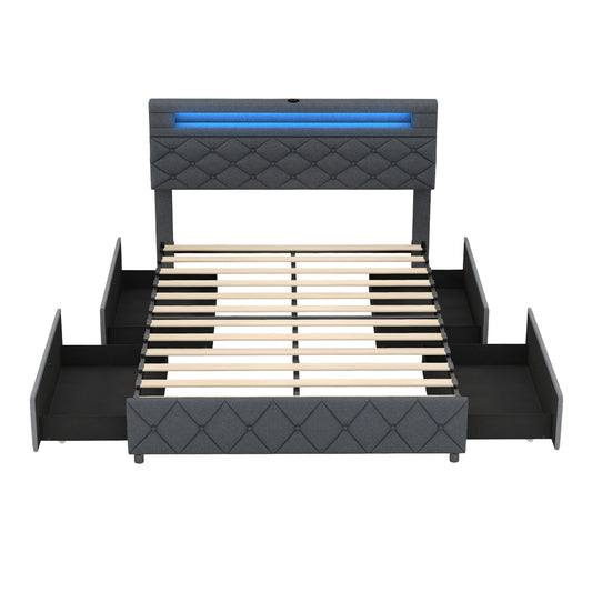 Full/Queen Size Bed Frame with Adjustable Storage Headboard and Wooden Slat Support-Full Kids Crystal