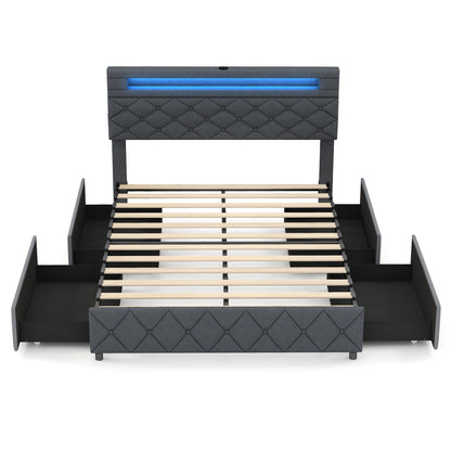 Full/Queen Size Bed Frame with Adjustable Storage Headboard and Wooden Slat Support-Full