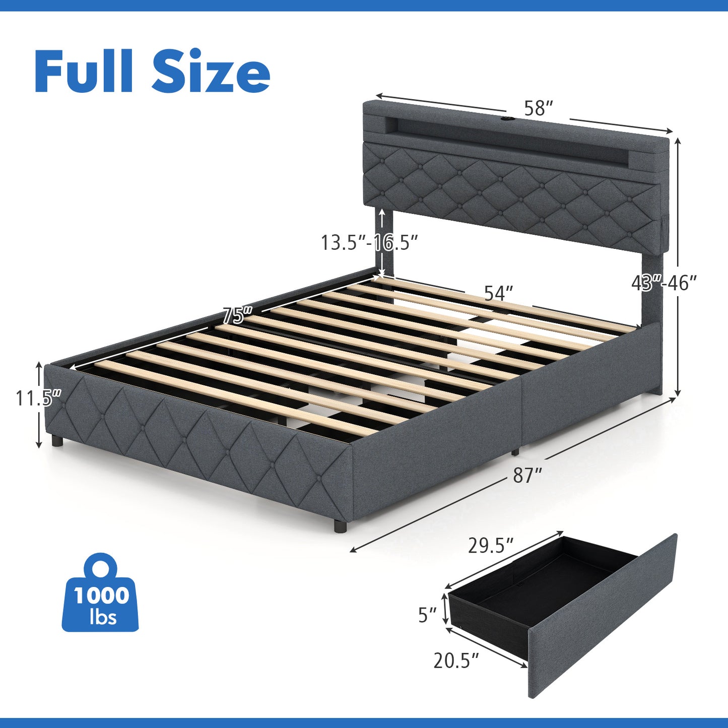 Full/Queen Size Bed Frame with Adjustable Storage Headboard and Wooden Slat Support-Full Kids Crystal