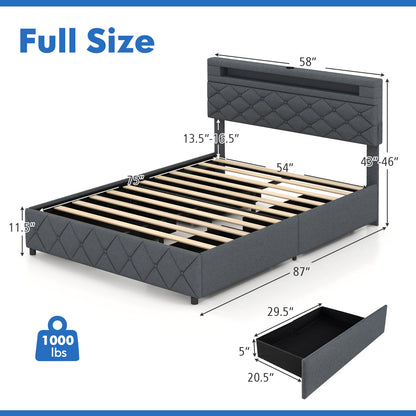 Full/Queen Size Bed Frame with Adjustable Storage Headboard and Wooden Slat Support-Full