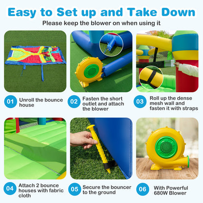 Inflatable Obstacle Course Bounce House with Dual Slides with 2 680W Blower