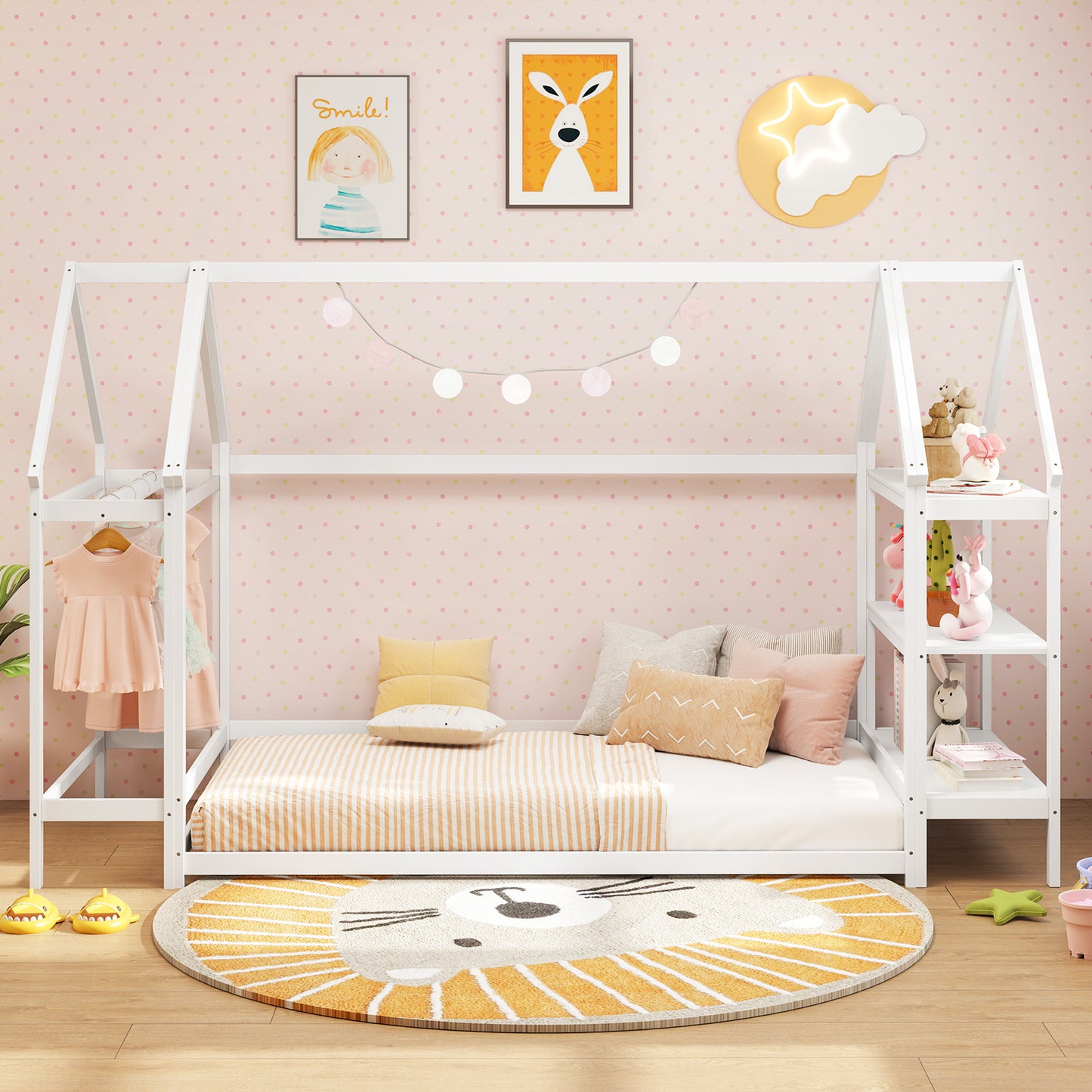 Twin Size Montessori Floor House Bed with Detachable Storage Shelves-White Kids Crystal