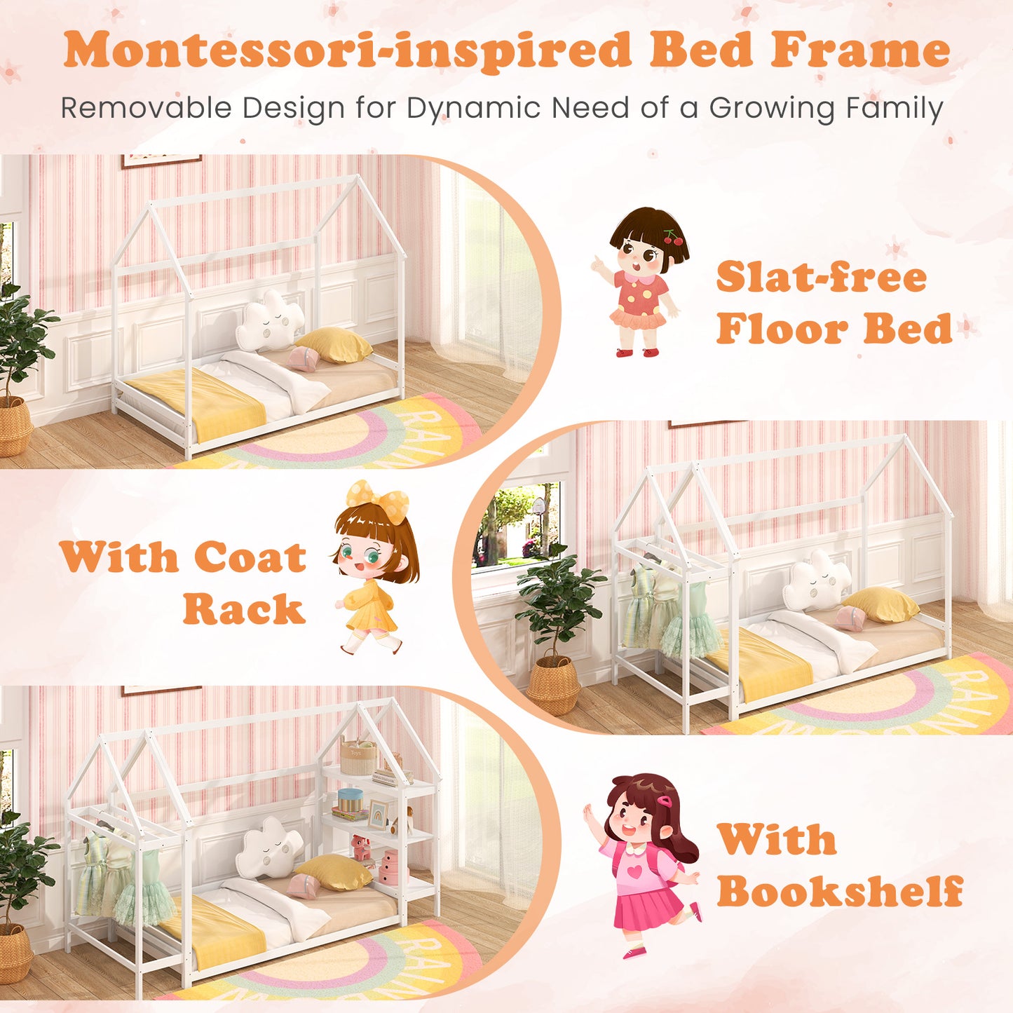 Twin Size Montessori Floor House Bed with Detachable Storage Shelves-White Kids Crystal