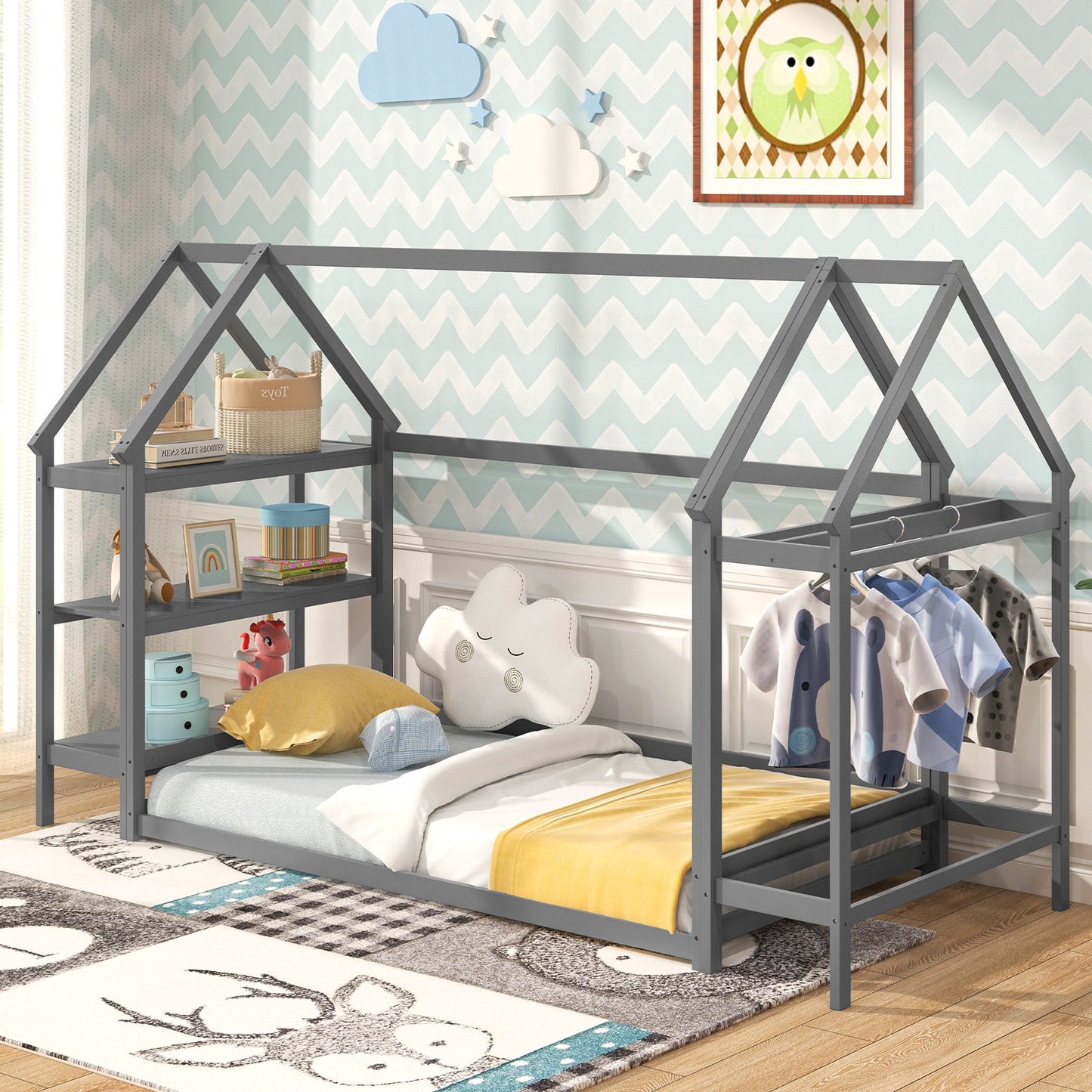 Twin Size Montessori Floor House Bed with Detachable Storage Shelves-Grey Kids Crystal
