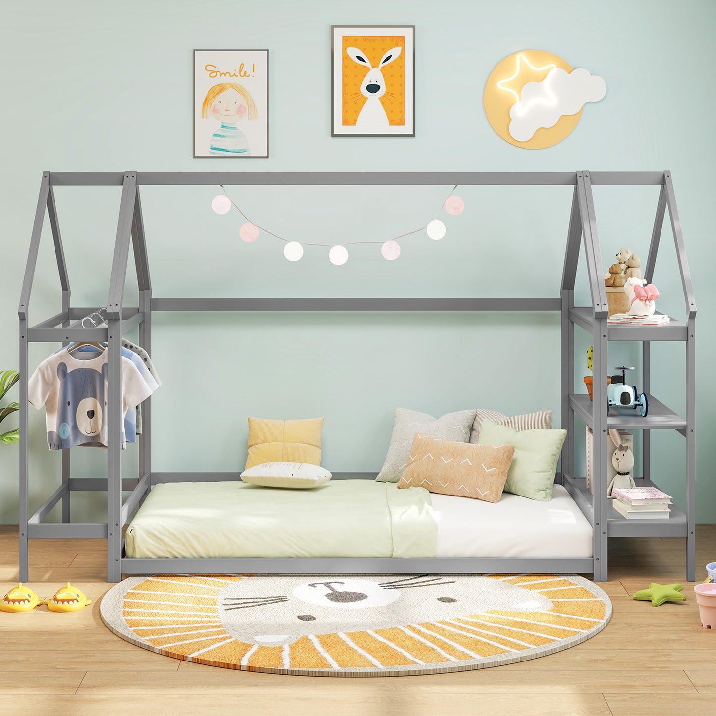 Twin Size Montessori Floor House Bed with Detachable Storage Shelves-Grey Kids Crystal