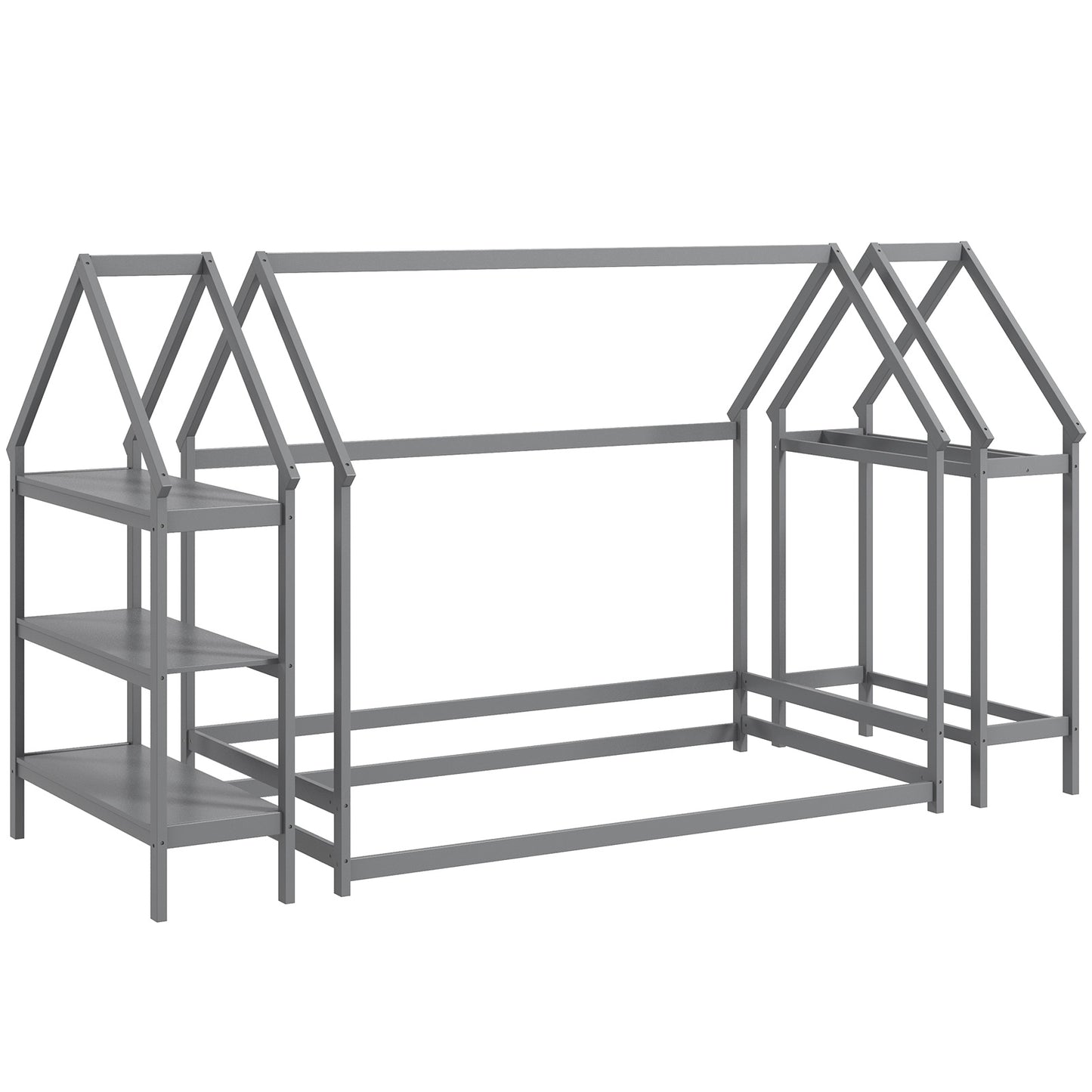 Twin Size Montessori Floor House Bed with Detachable Storage Shelves-Grey Kids Crystal