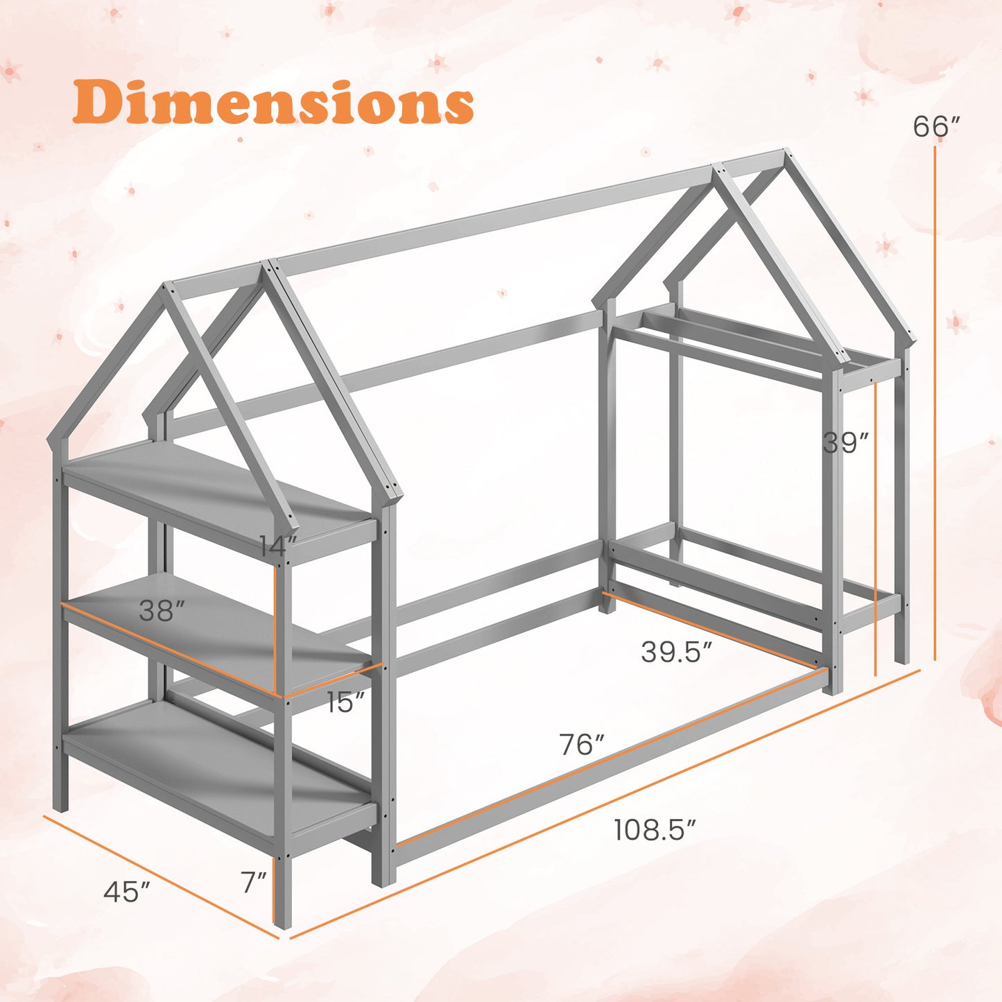 Twin Size Montessori Floor House Bed with Detachable Storage Shelves-Grey Kids Crystal