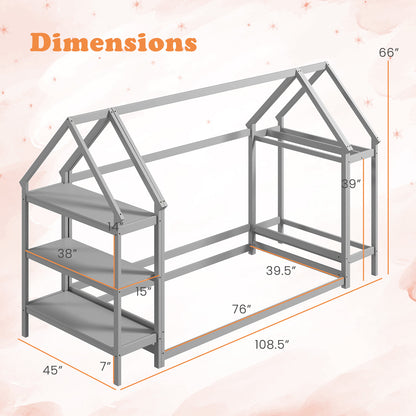 Twin Size Montessori Floor House Bed with Detachable Storage Shelves-Grey