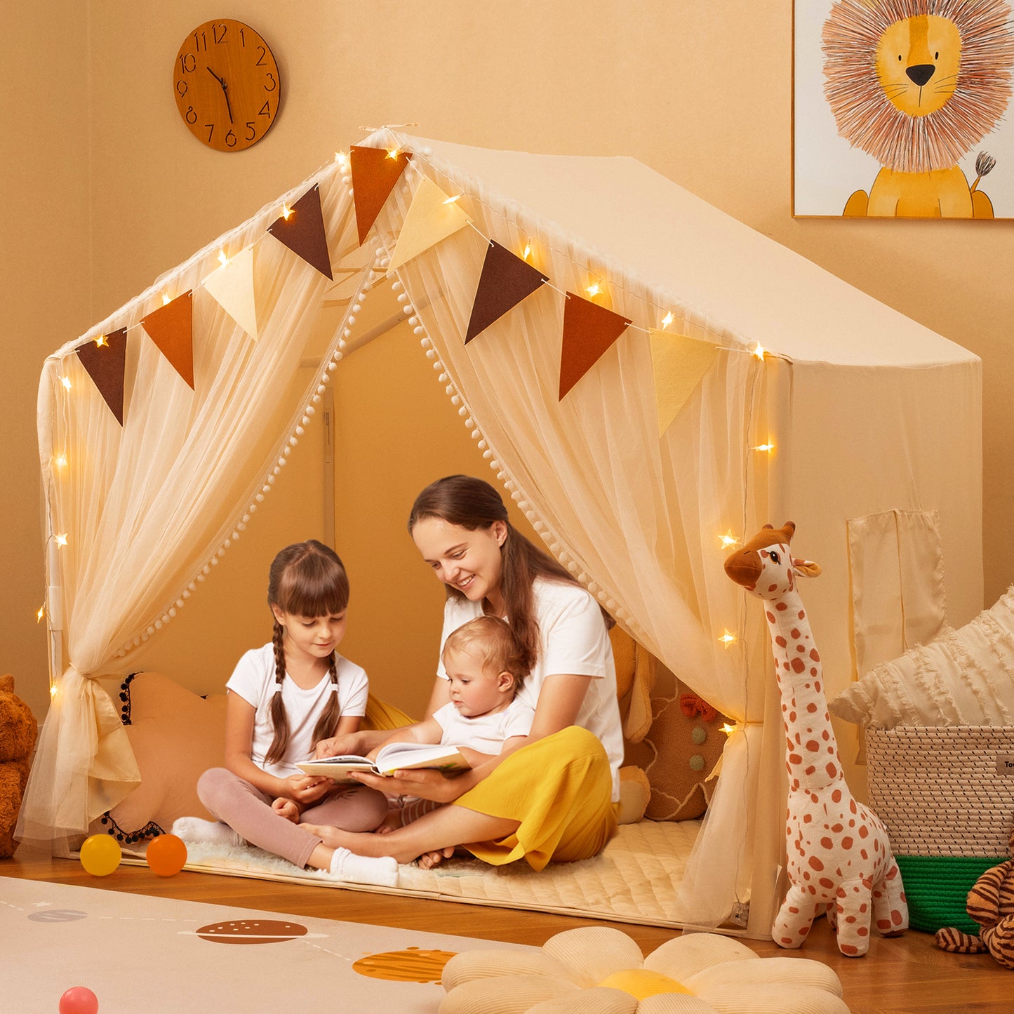 Large Toddler Playhouse Tent with Door Curtains Windows-Beige Kids Crystal