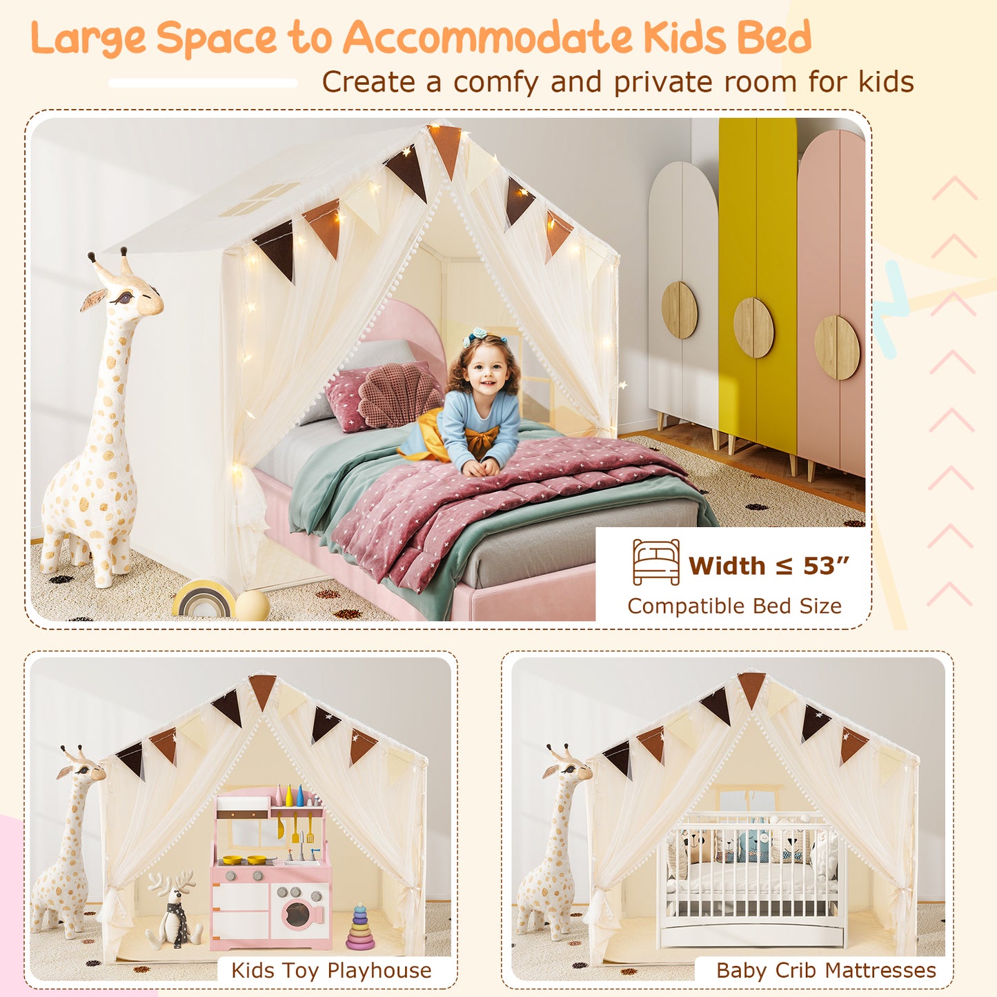 Large Toddler Playhouse Tent with Door Curtains Windows-Beige Kids Crystal