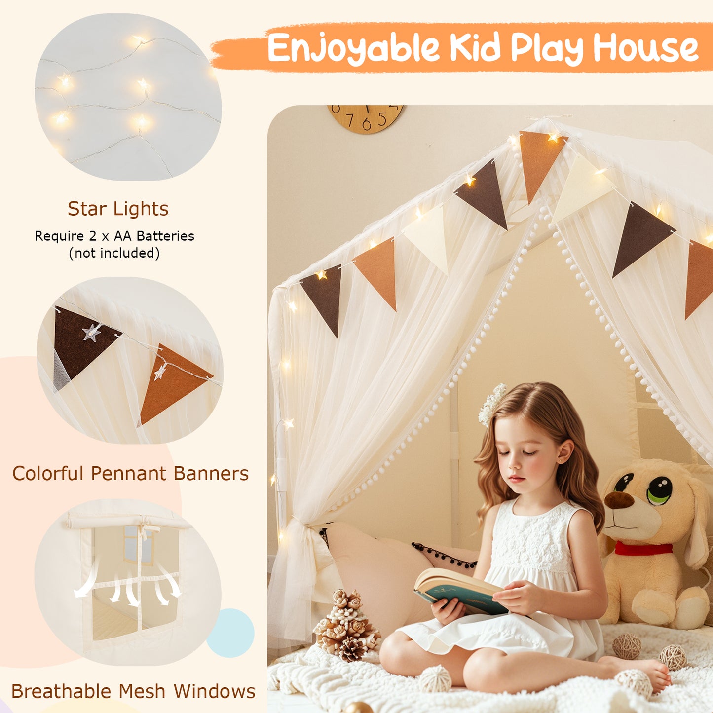 Large Toddler Playhouse Tent with Door Curtains Windows-Beige Kids Crystal