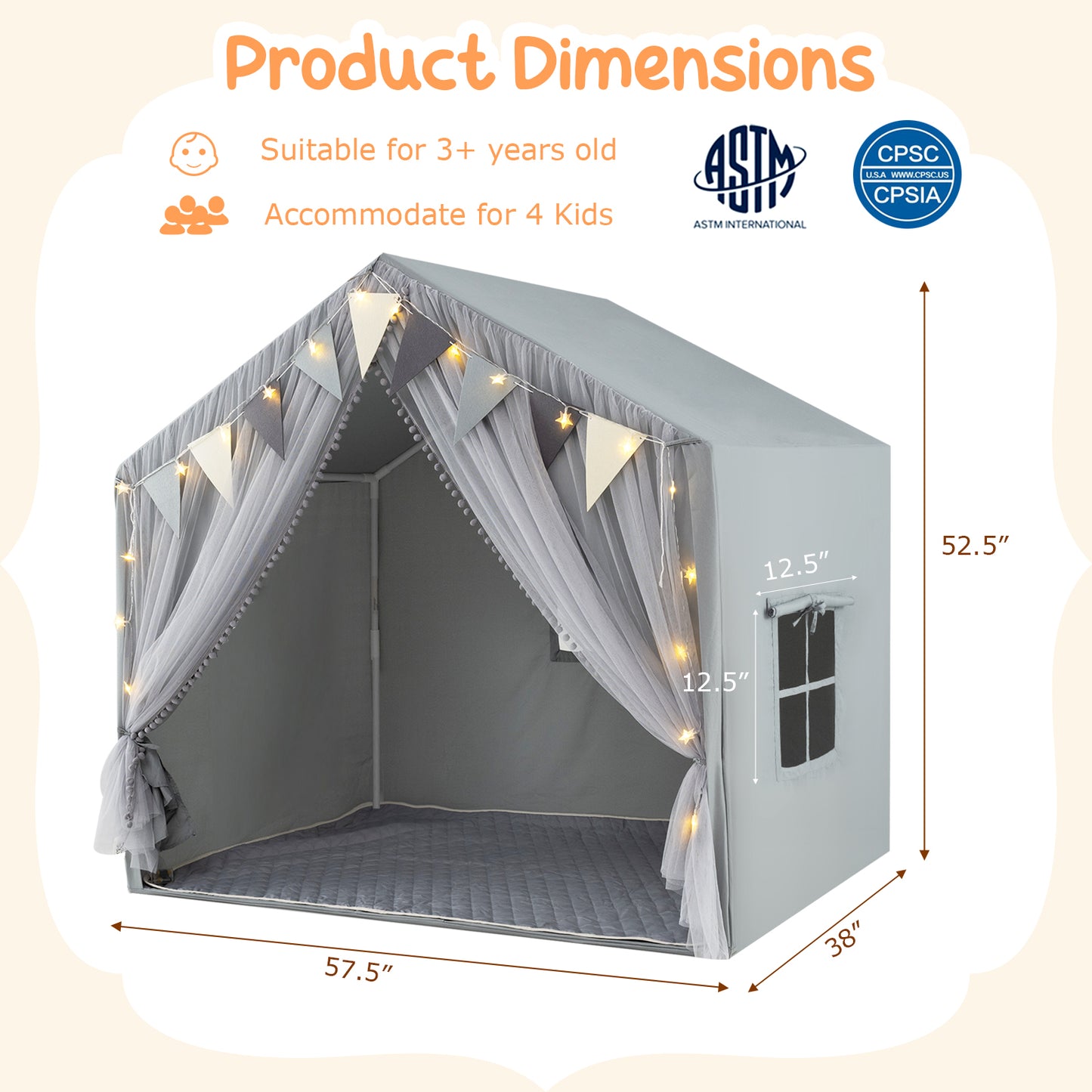 Large Toddler Playhouse Tent with Door Curtains Windows-Gray Kids Crystal