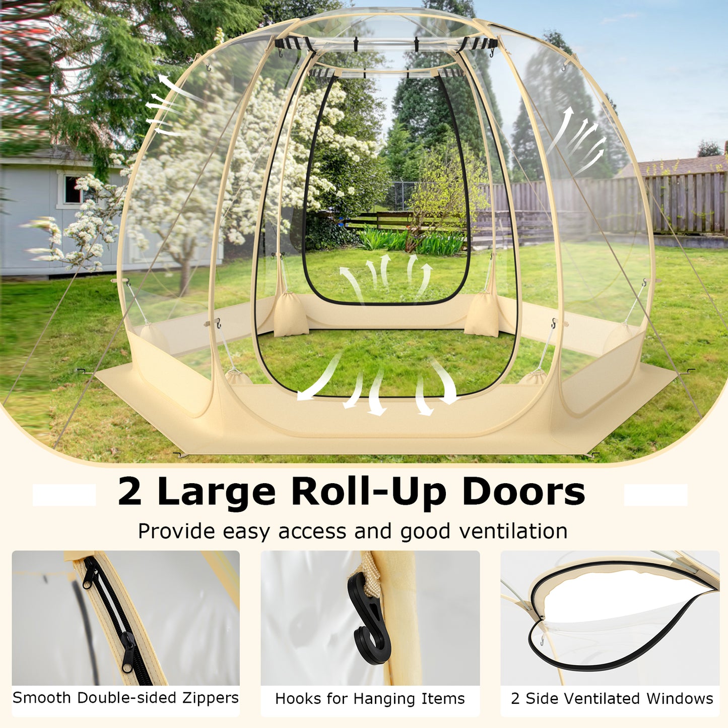 11 x 11 Feet Clear Dome Pop up Bubble Tent with Carrying Bag for 6-10 People-Beige Kids Crystal
