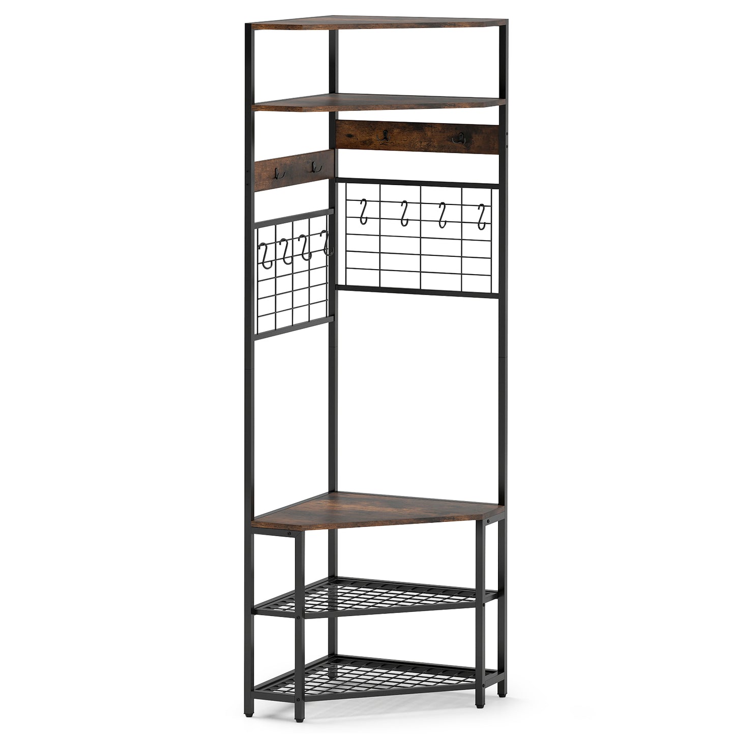 5-Tier Corner Hall Tree with Shoe Storage Bench-Rustic Brown Kids Crystal