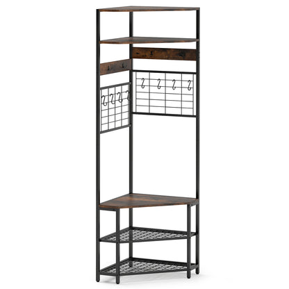 5-Tier Corner Hall Tree with Shoe Storage Bench-Rustic Brown
