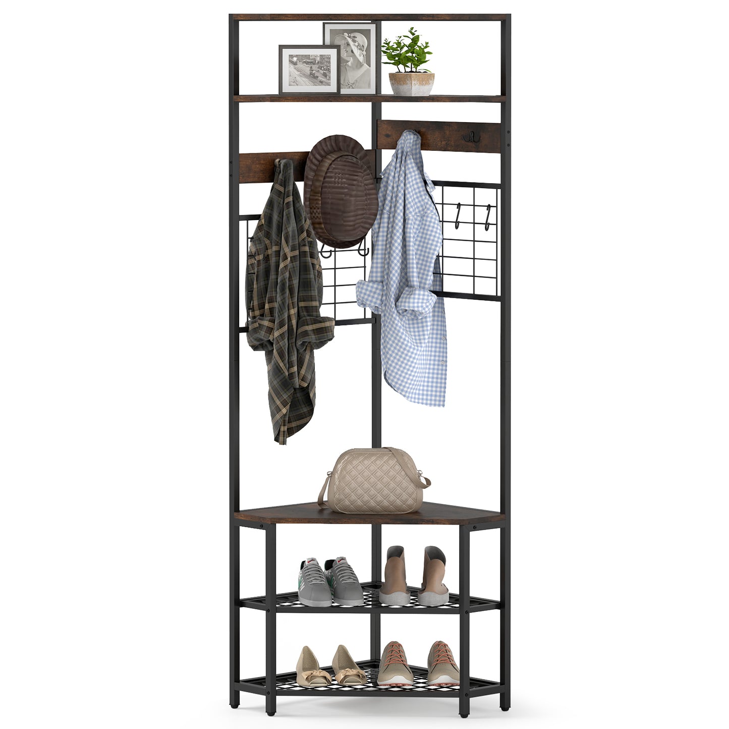 5-Tier Corner Hall Tree with Shoe Storage Bench-Rustic Brown Kids Crystal