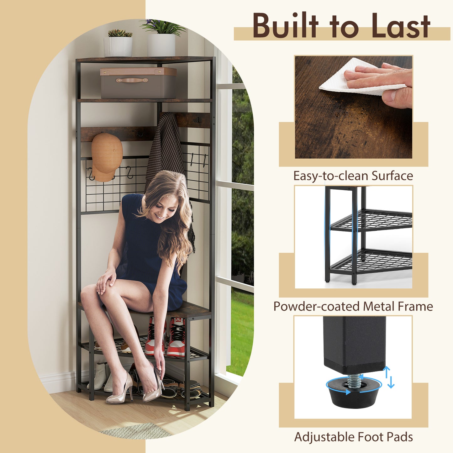 5-Tier Corner Hall Tree with Shoe Storage Bench-Rustic Brown Kids Crystal