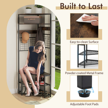 5-Tier Corner Hall Tree with Shoe Storage Bench-Rustic Brown