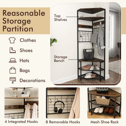 5-Tier Corner Hall Tree with Shoe Storage Bench-Rustic Brown
