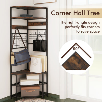 5-Tier Corner Hall Tree with Shoe Storage Bench-Rustic Brown