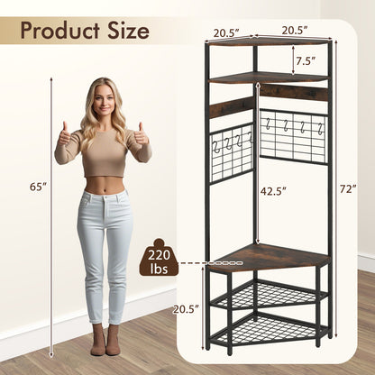 5-Tier Corner Hall Tree with Shoe Storage Bench-Rustic Brown