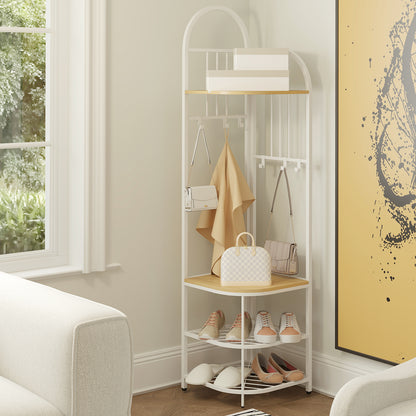 4-Tier Coat Rack Corner Hall Tree with Shoe Storage Bench-Natural