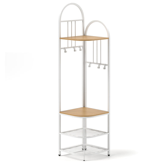4-Tier Coat Rack Corner Hall Tree with Shoe Storage Bench-Natural Kids Crystal