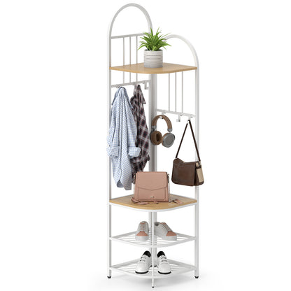 4-Tier Coat Rack Corner Hall Tree with Shoe Storage Bench-Natural